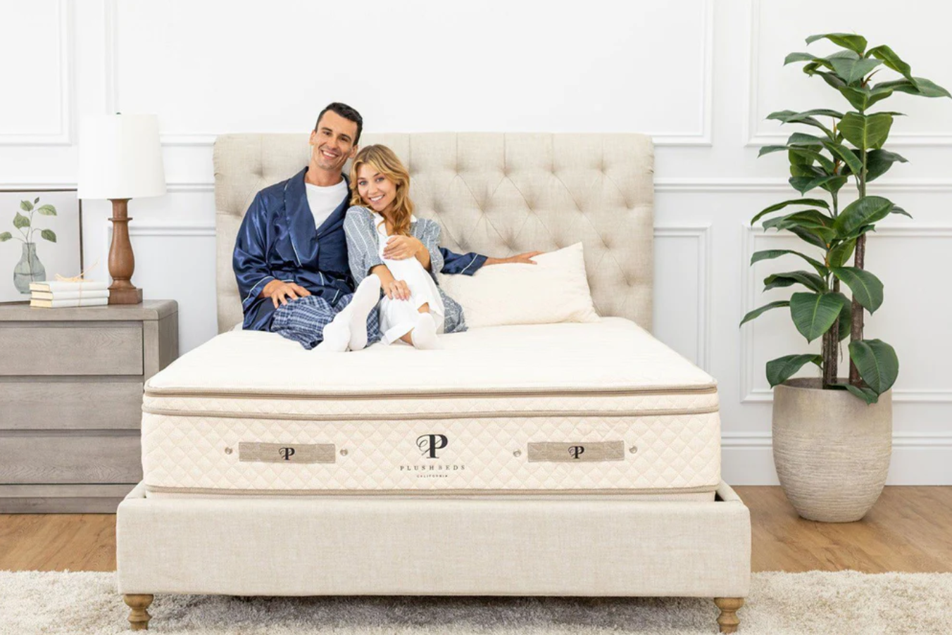 couple snuggling on Botanical Bliss latex mattress